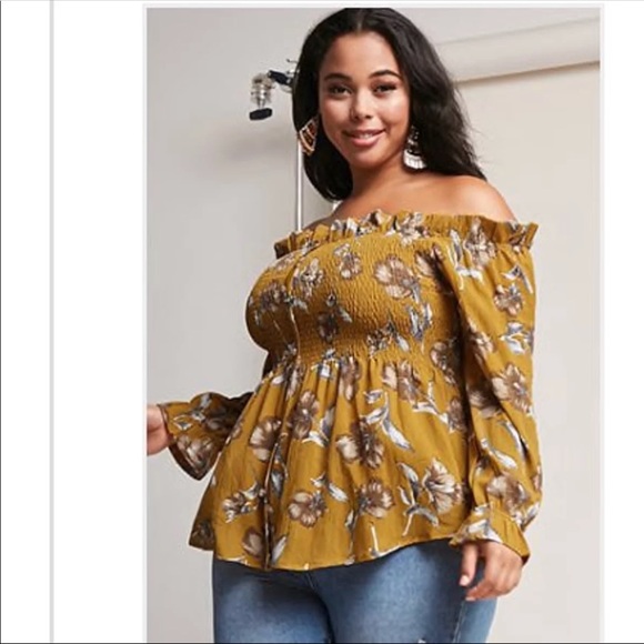 Mustard color off the shoulder top with flowers! - Picture 1 of 4